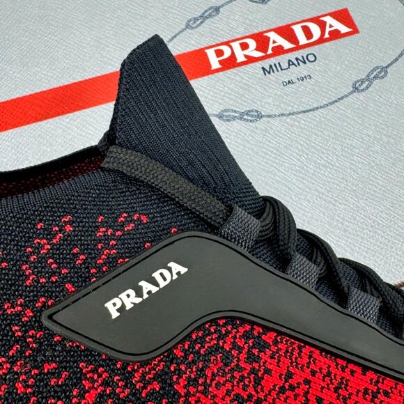 NEW PRADA Men's Knit 2 Red Black Textile Low Top Logo Sneakers UK 10 / US 11 - Picture 3 of 12